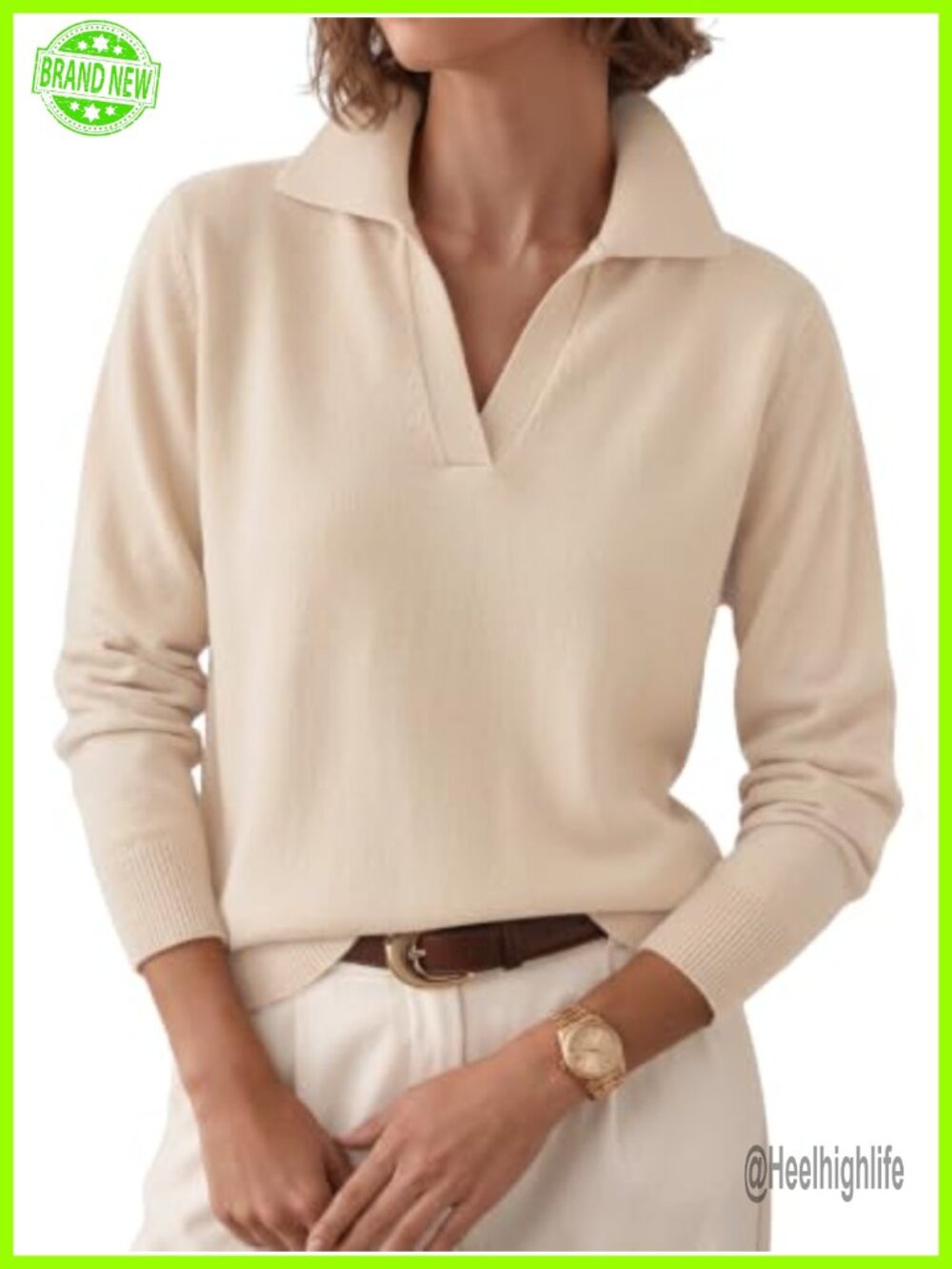 Womens Polo V Neck Lightweight Knit Sweater Pullover Long Sleeve